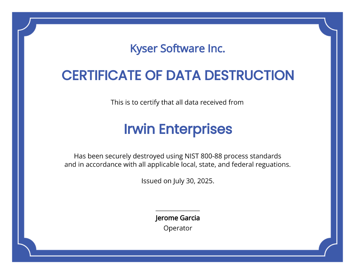 Certificate of Data Destruction Template