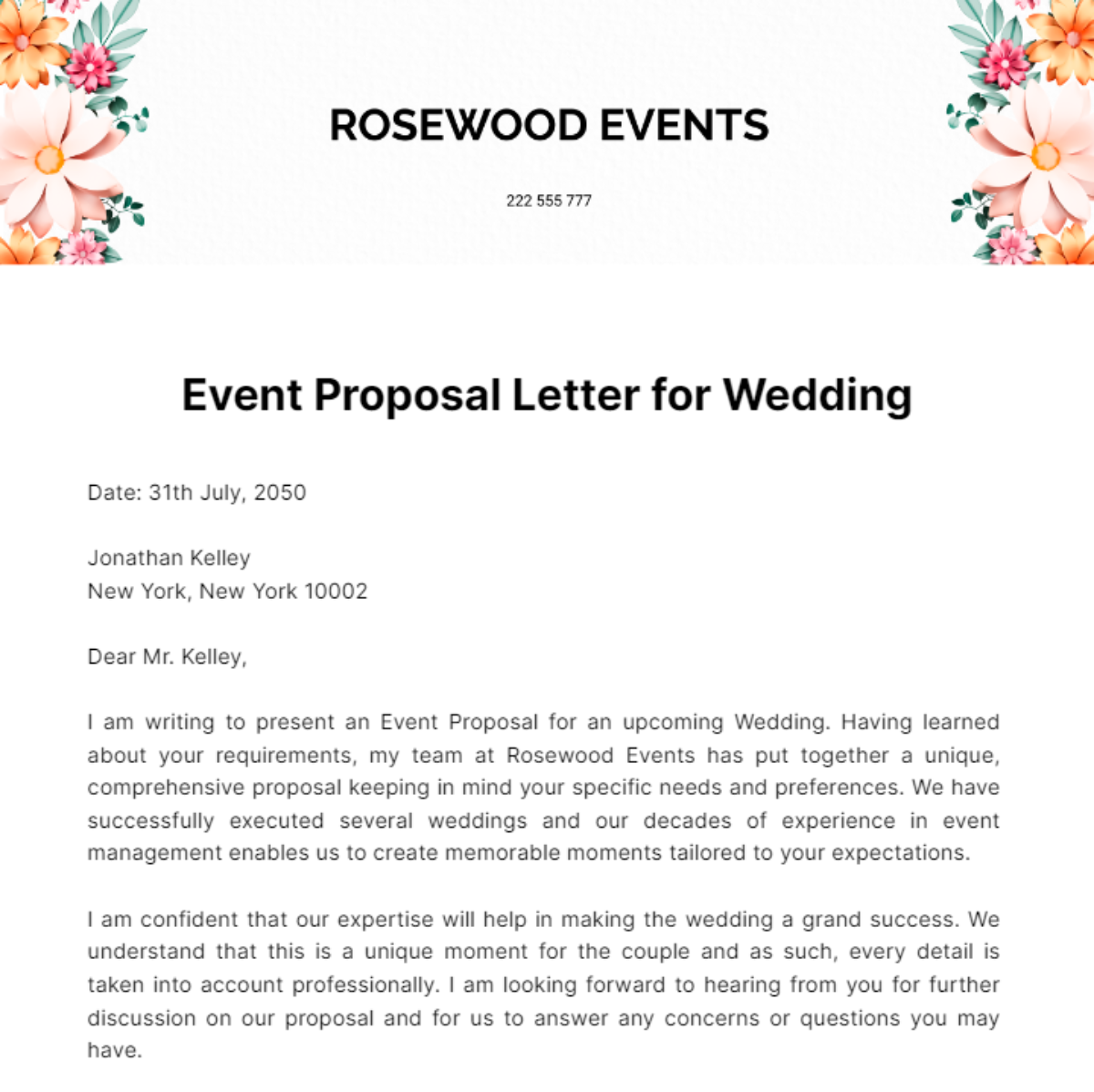 Event Proposal Letter for Wedding Template