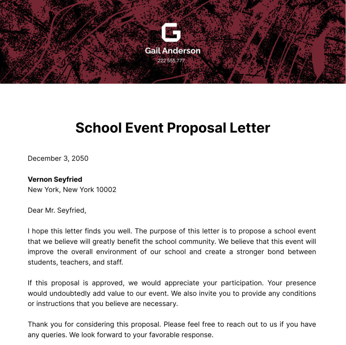 School Event Proposal Letter Template