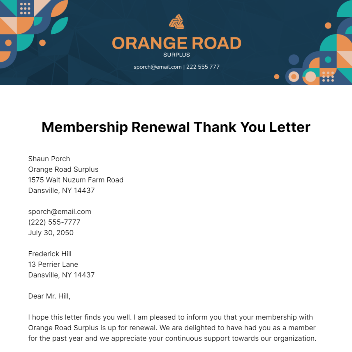 Membership Renewal Thank You Letter   Template