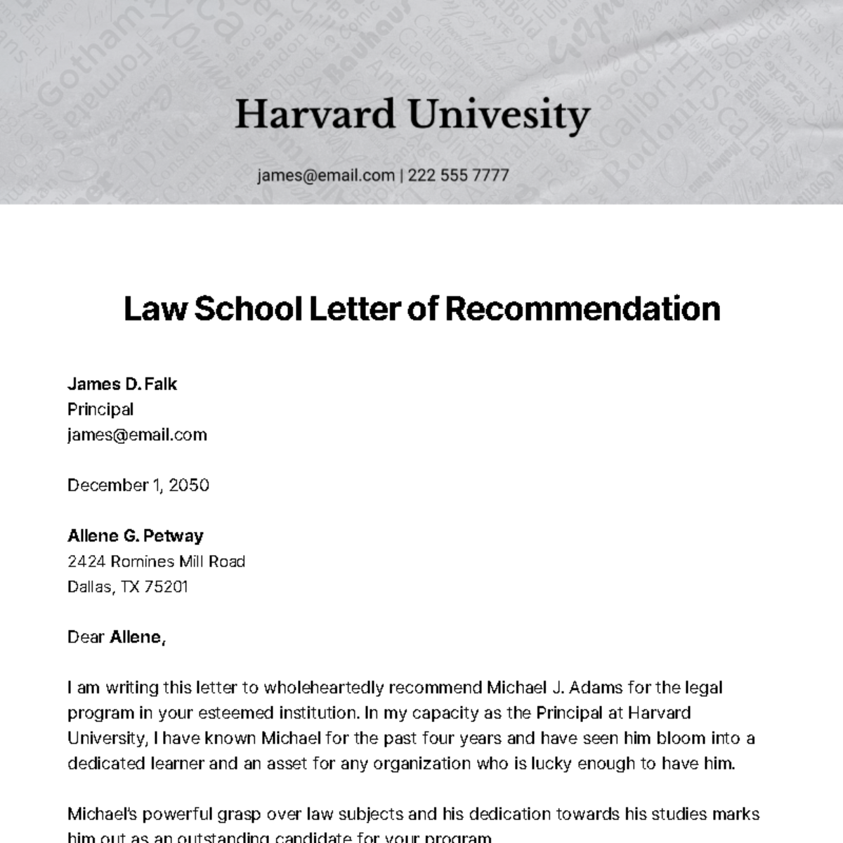 Law School Letter of Recommendation   Template