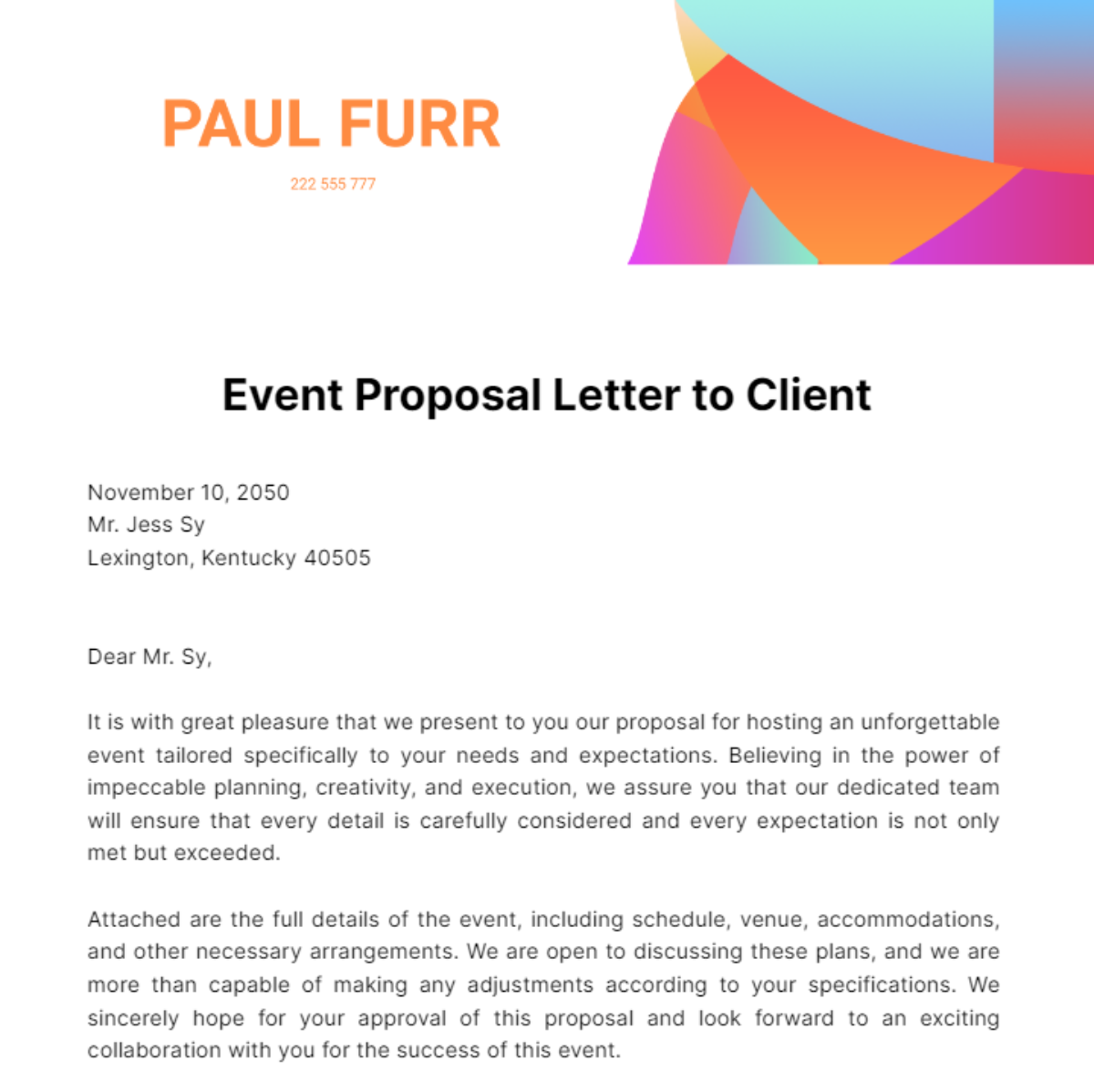 Event Proposal Letter to Client Template