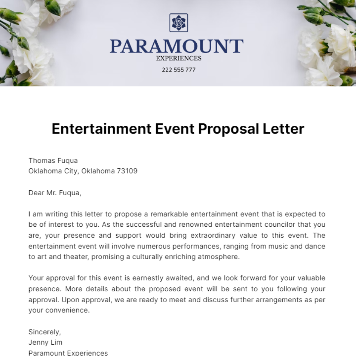 Entertainment Event Proposal Letter Template