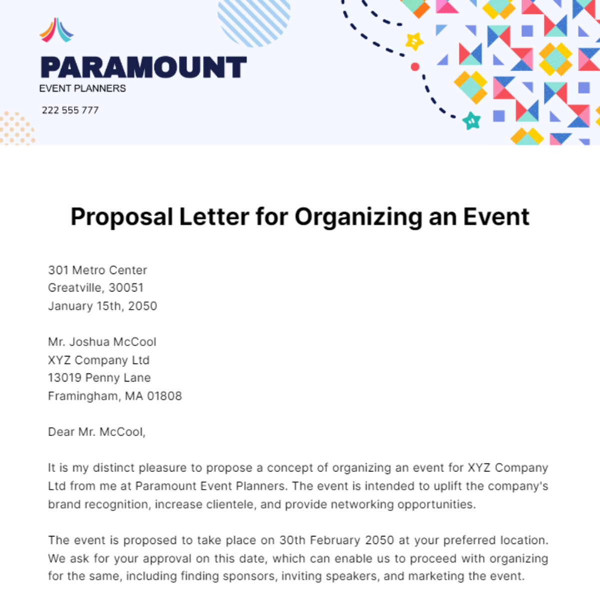 Proposal Letter for Organising an Event Template