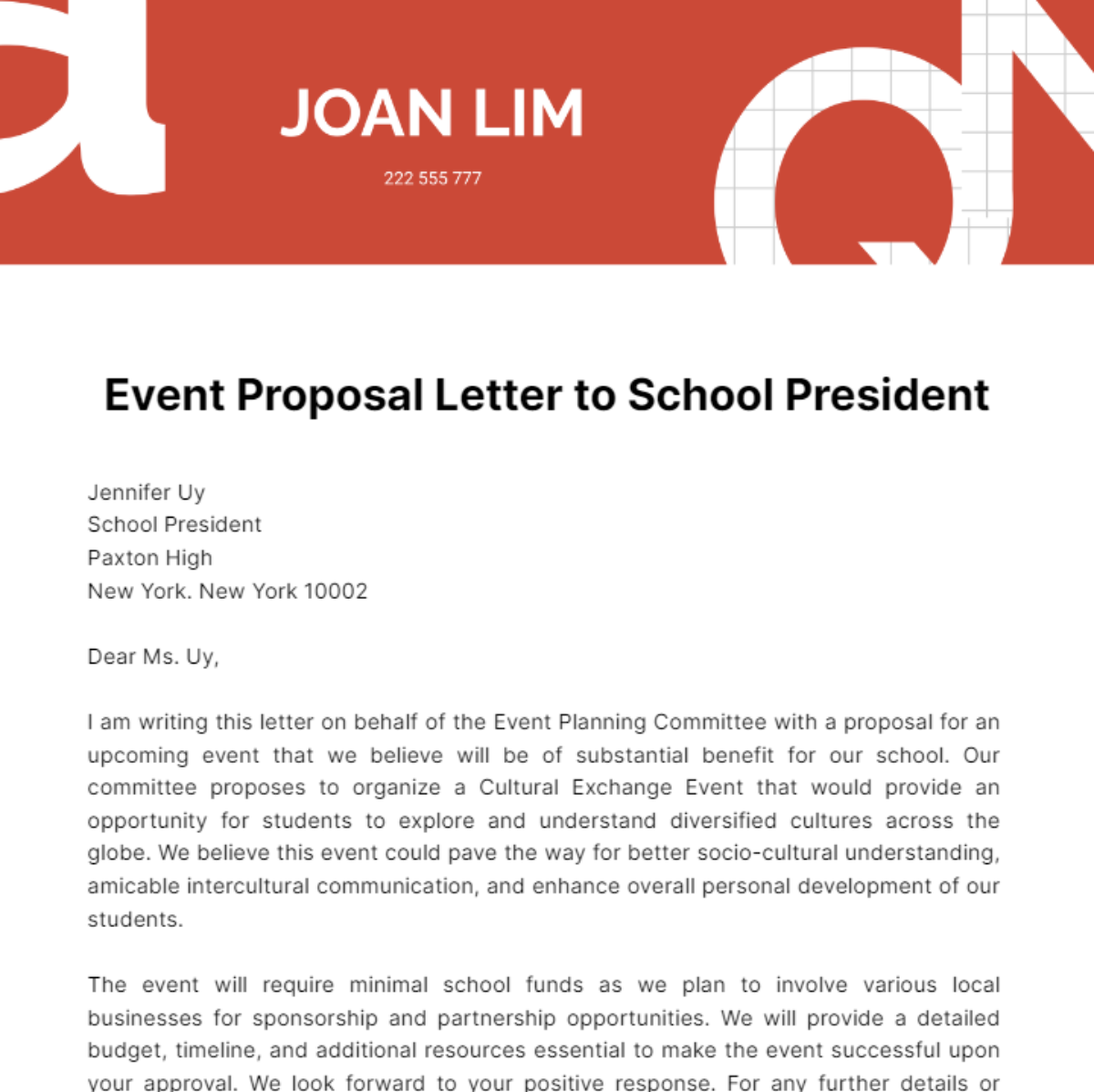 Event Proposal Letter to School President Template