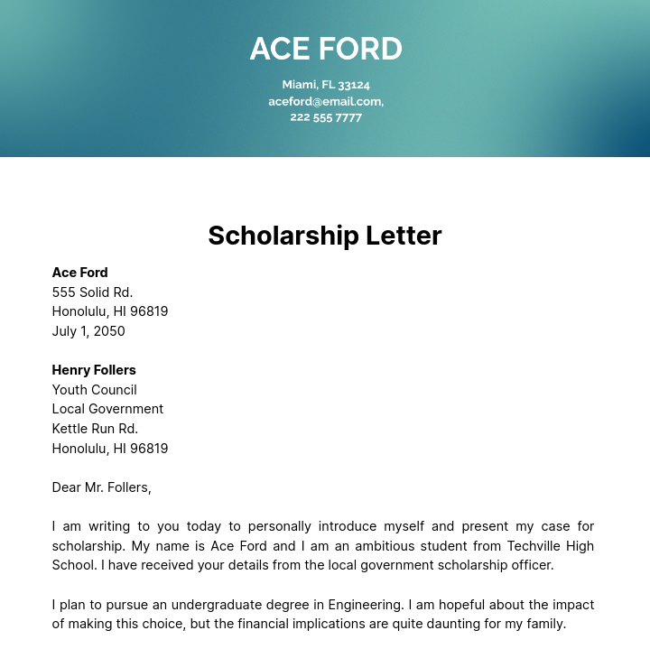 Sample Scholarship Letter Template
