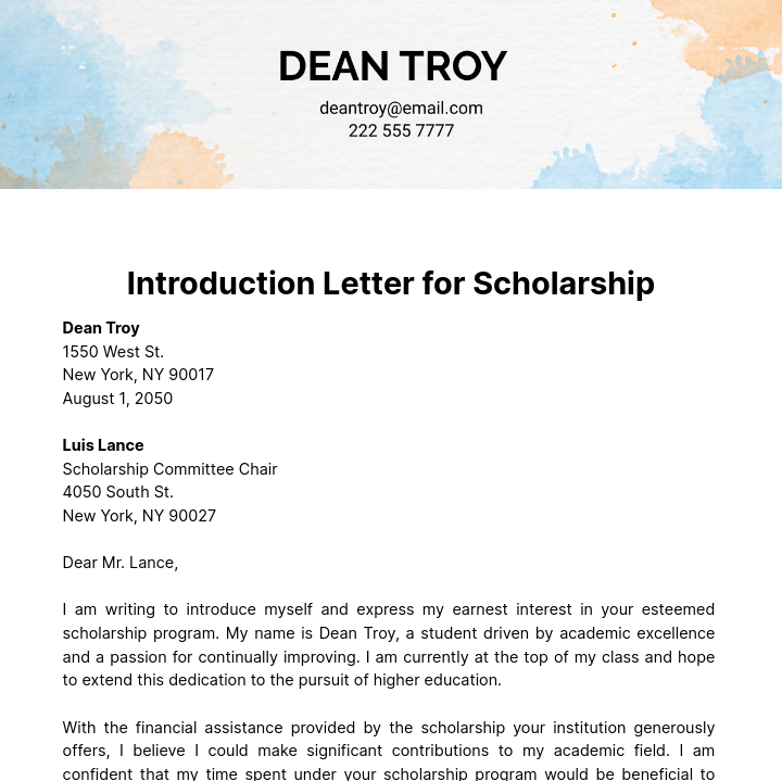 Free Introduction Letter for Scholarship Template