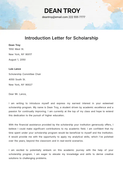 Free Introduction Letter for Scholarship Template to Edit Online