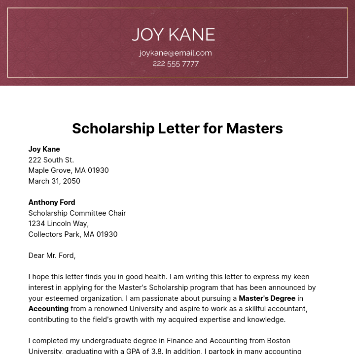 Scholarship Letter for Masters Template