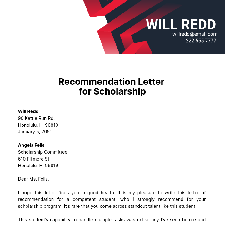 Free Recommendation Letter for Scholarship Template