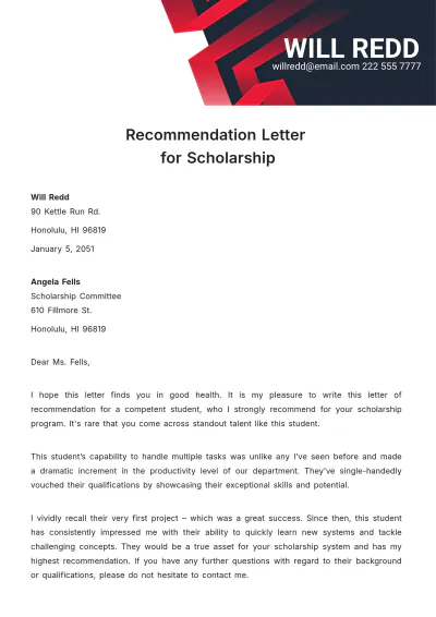 Free Recommendation Letter for Scholarship Template to Edit Online