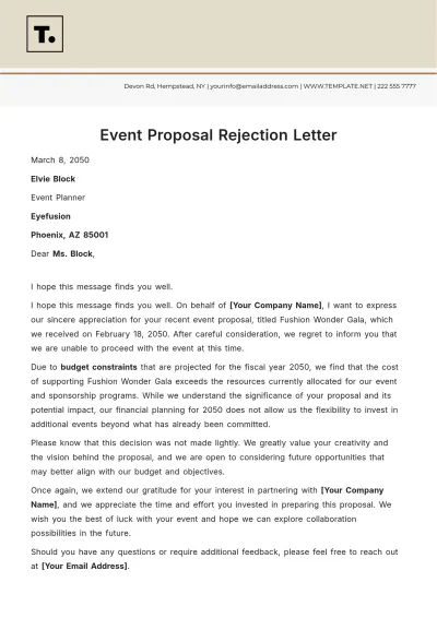 Free Event Proposal Rejection Letter Template to Edit Online