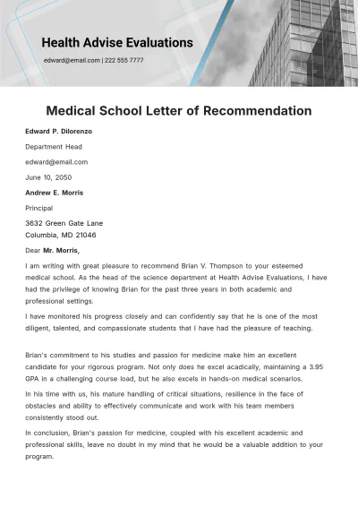 Free Medical School Letter of Recommendation   Template to Edit Online