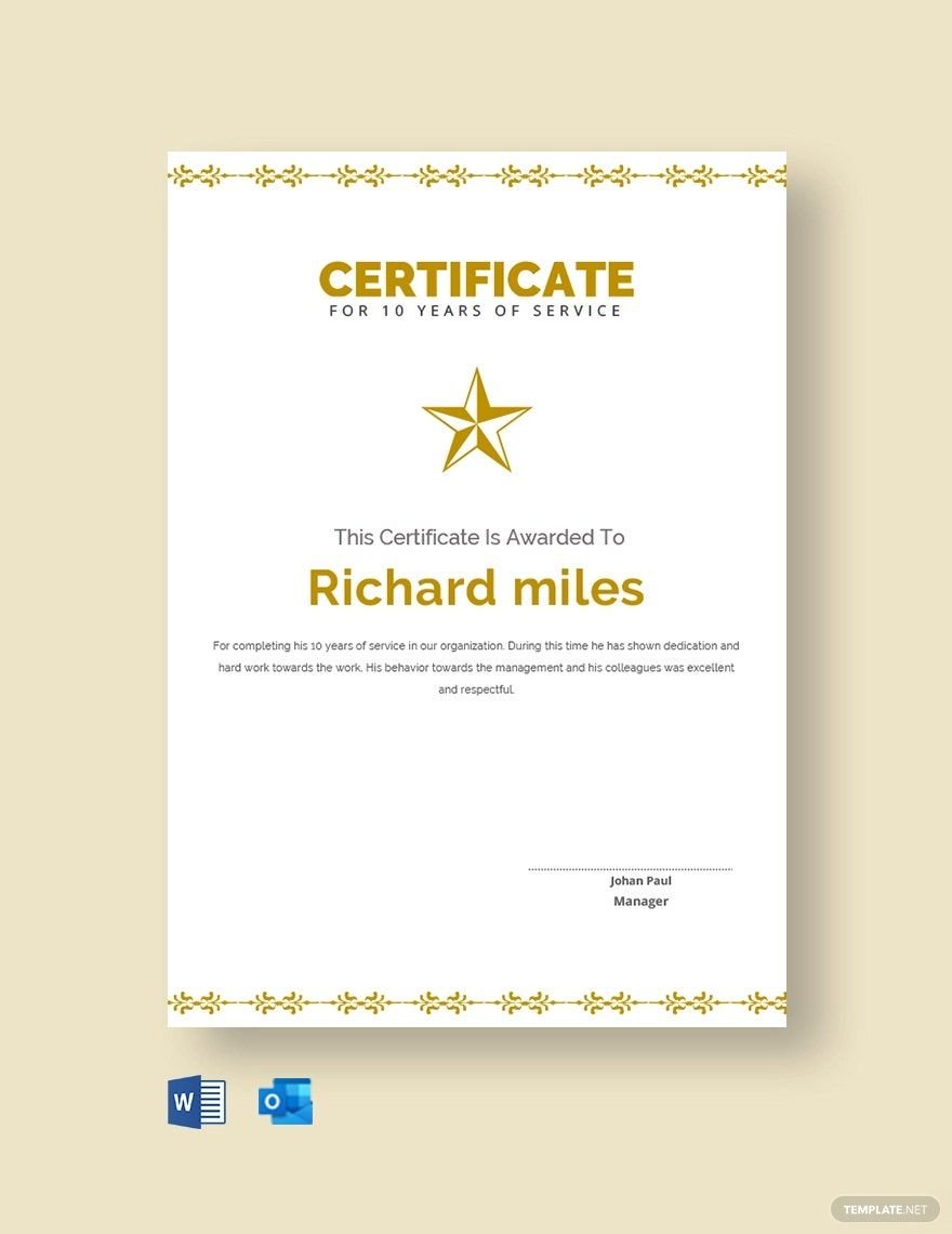 Free 10 Years Service Certificate Template