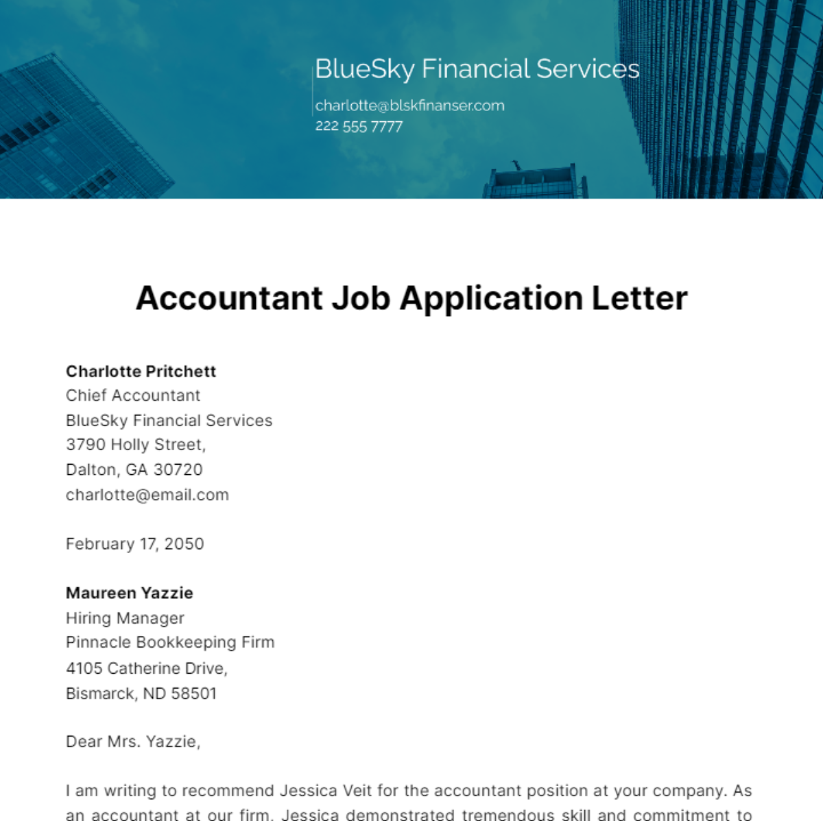 Free Accountant Job Application Letter Template