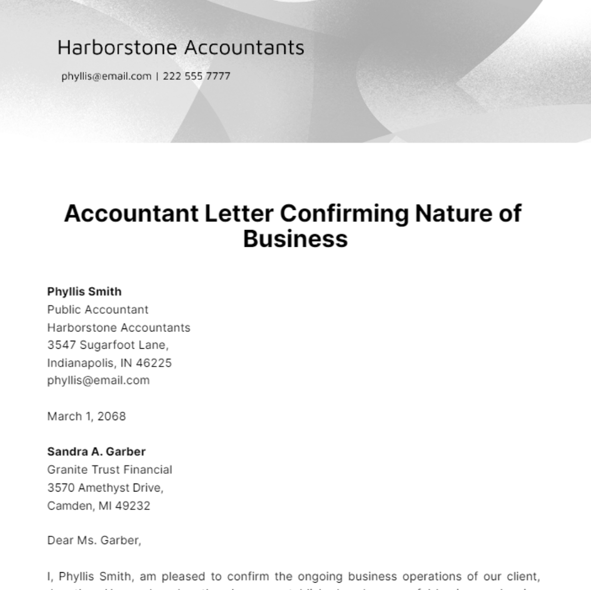 Free Accountant Letter Confirming Nature of Business Template
