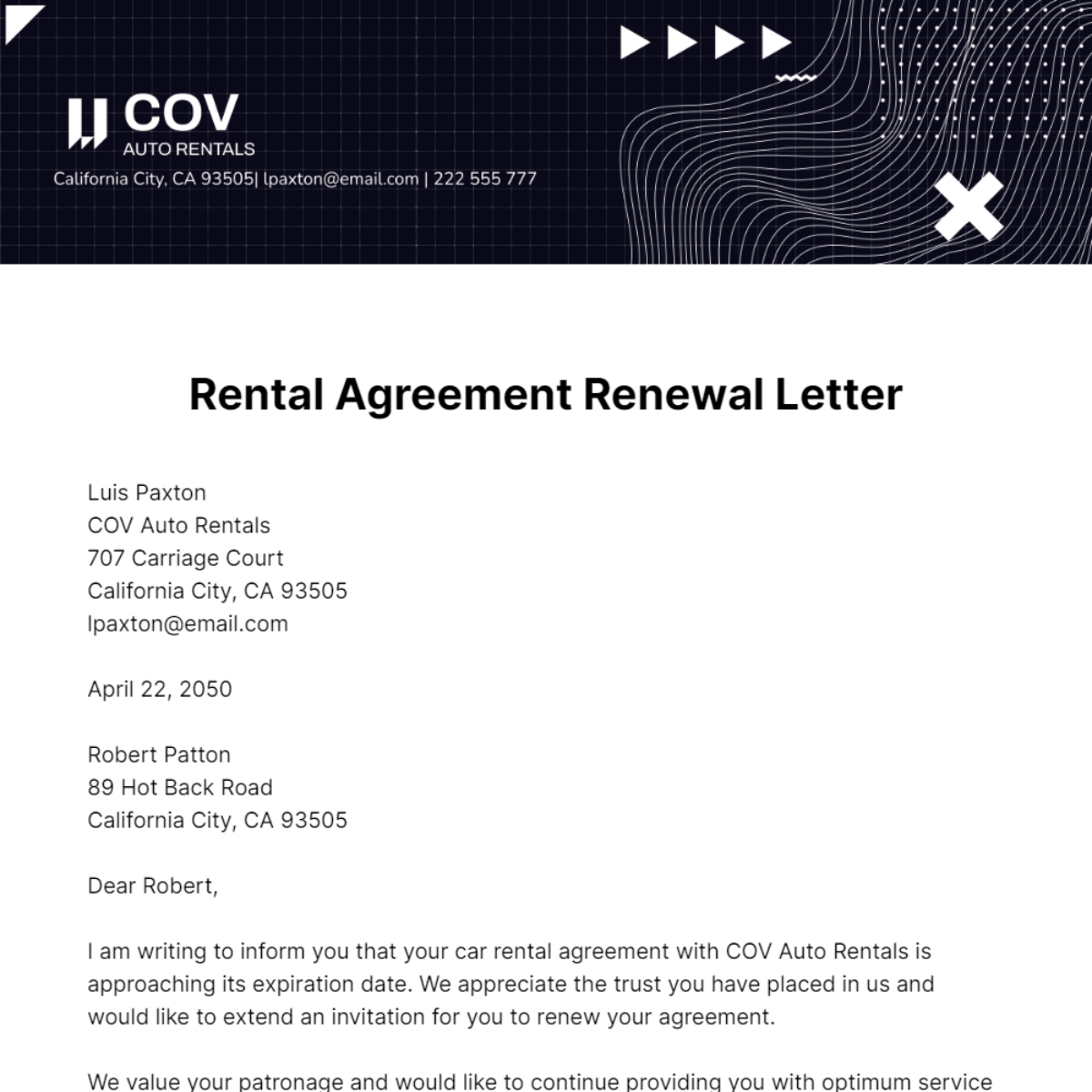 Rental Agreement Renewal Letter   Template