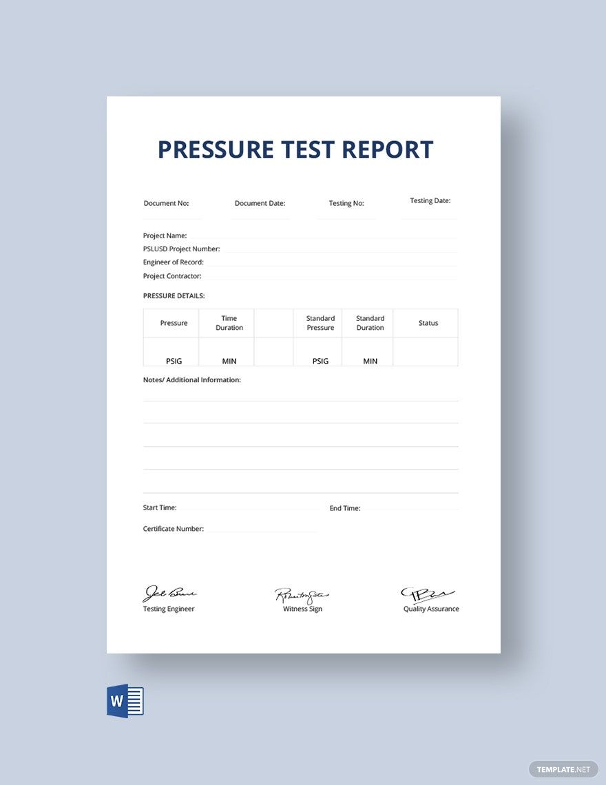 Pressure Test Report Certificate Template