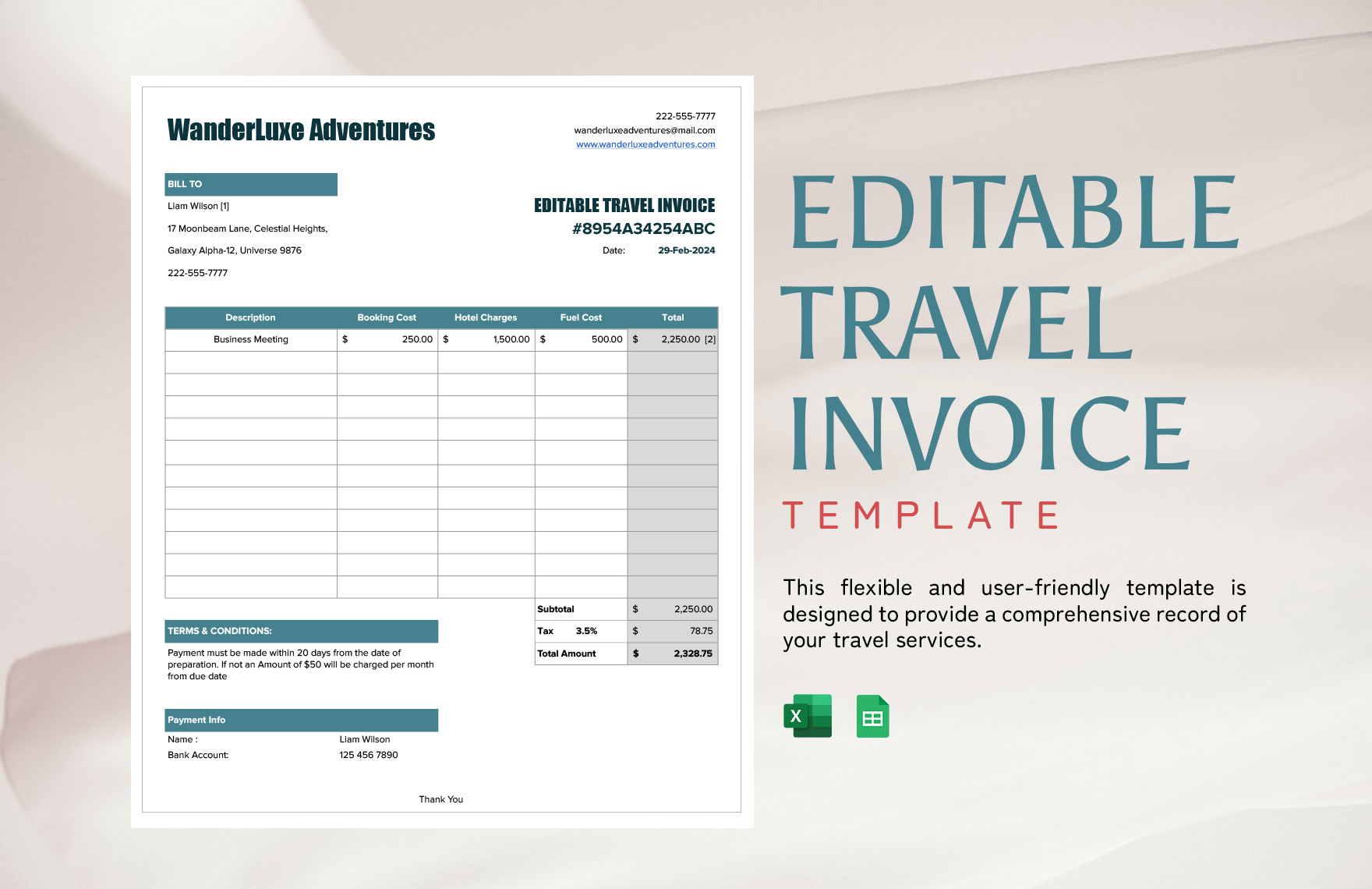 Travel Invoice in Excel - FREE Template Download | Template.net