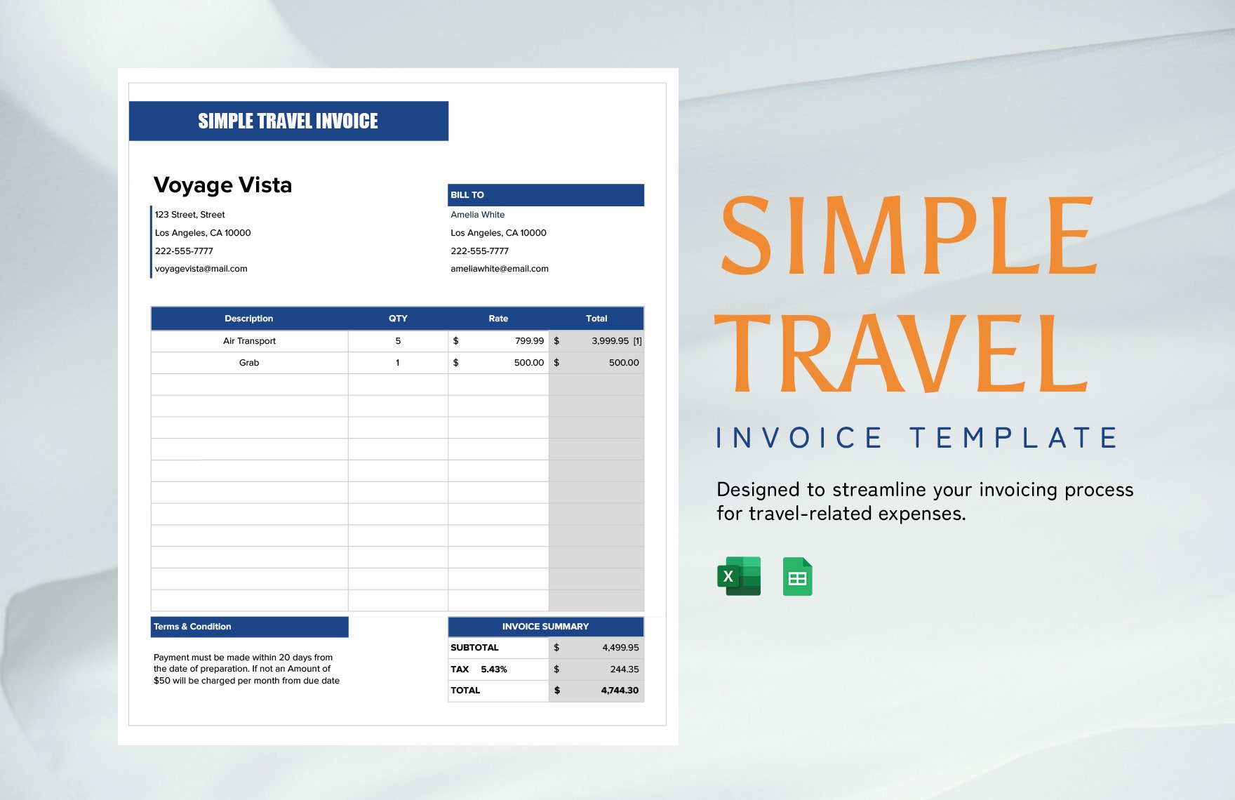 Free Simple Travel Invoice Template in Excel, Google Sheets