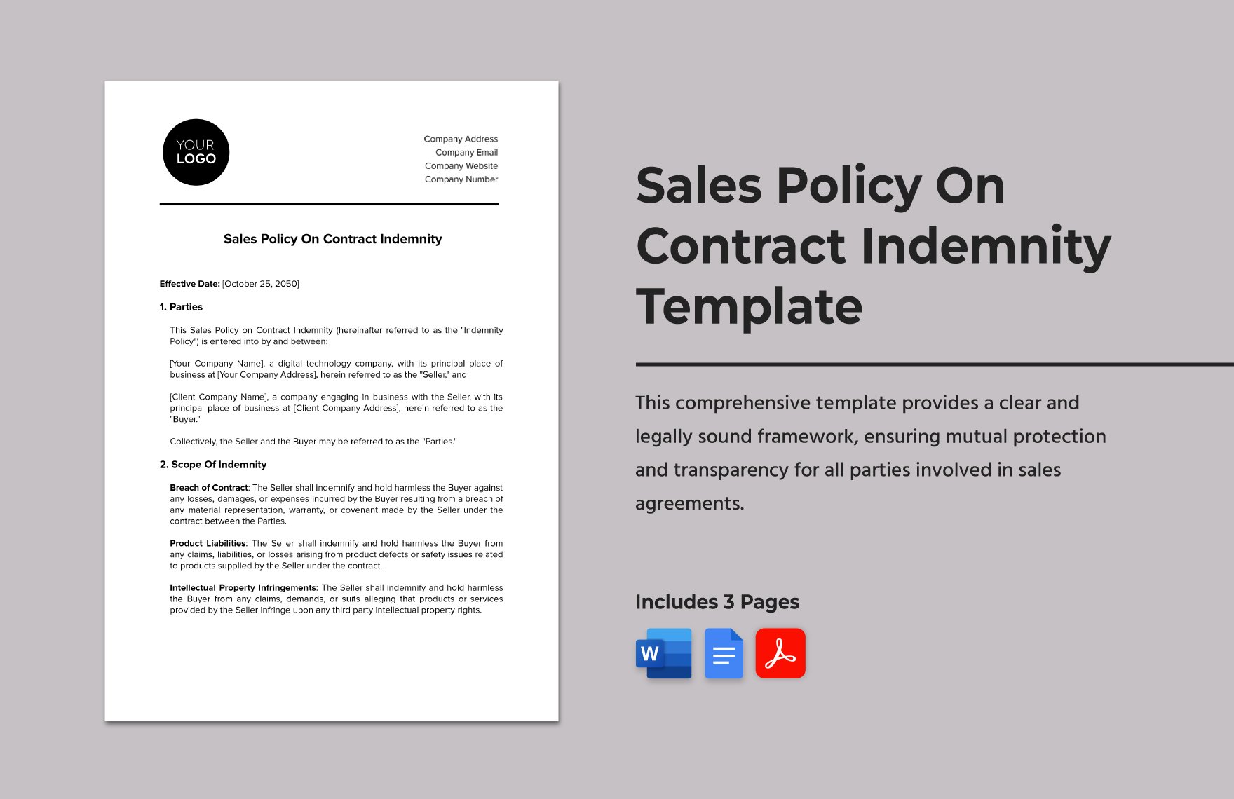 Sales Policy On Contract Indemnity Template in Word, Google Docs, PDF