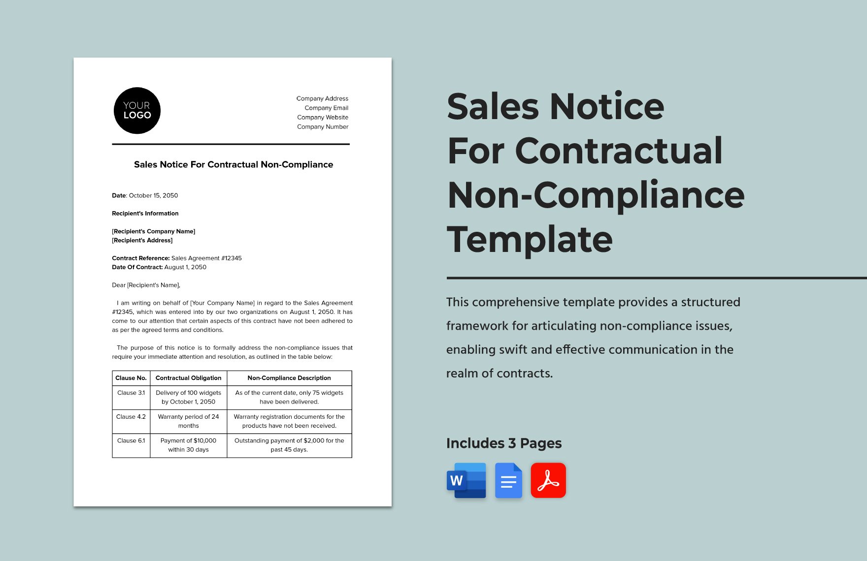 Sales Notice For Contractual Non-Compliance Template