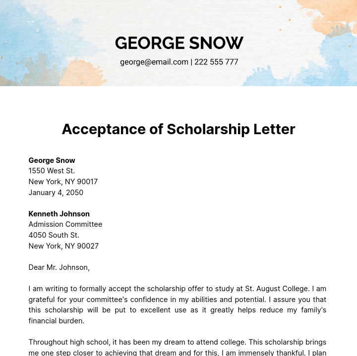 Free Acceptance of Scholarship Letter Template