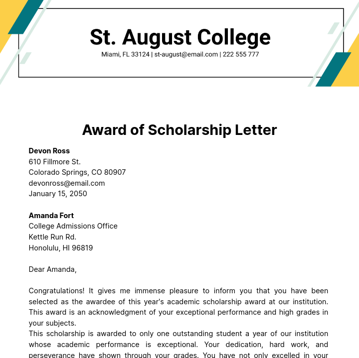 Free Award of Scholarship Letter Template