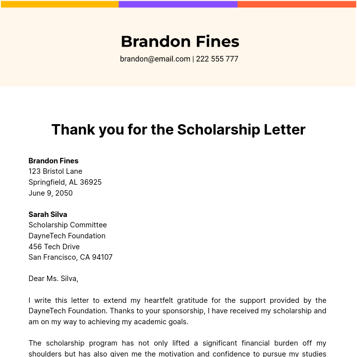 Free Thank you for the Scholarship Letter Template