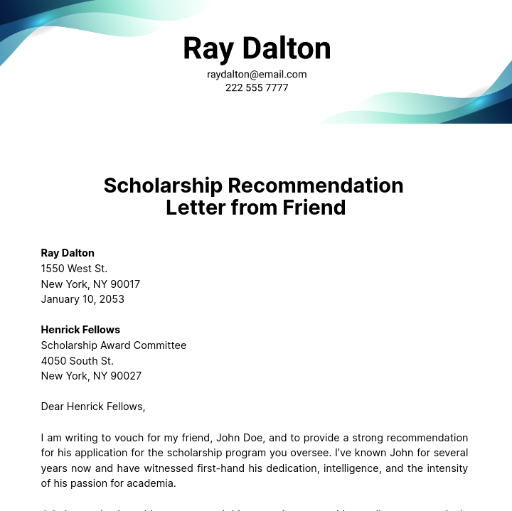 Scholarship Recommendation Letter from Friend Template