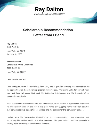 Free Scholarship Recommendation Letter from Friend Template to Edit Online