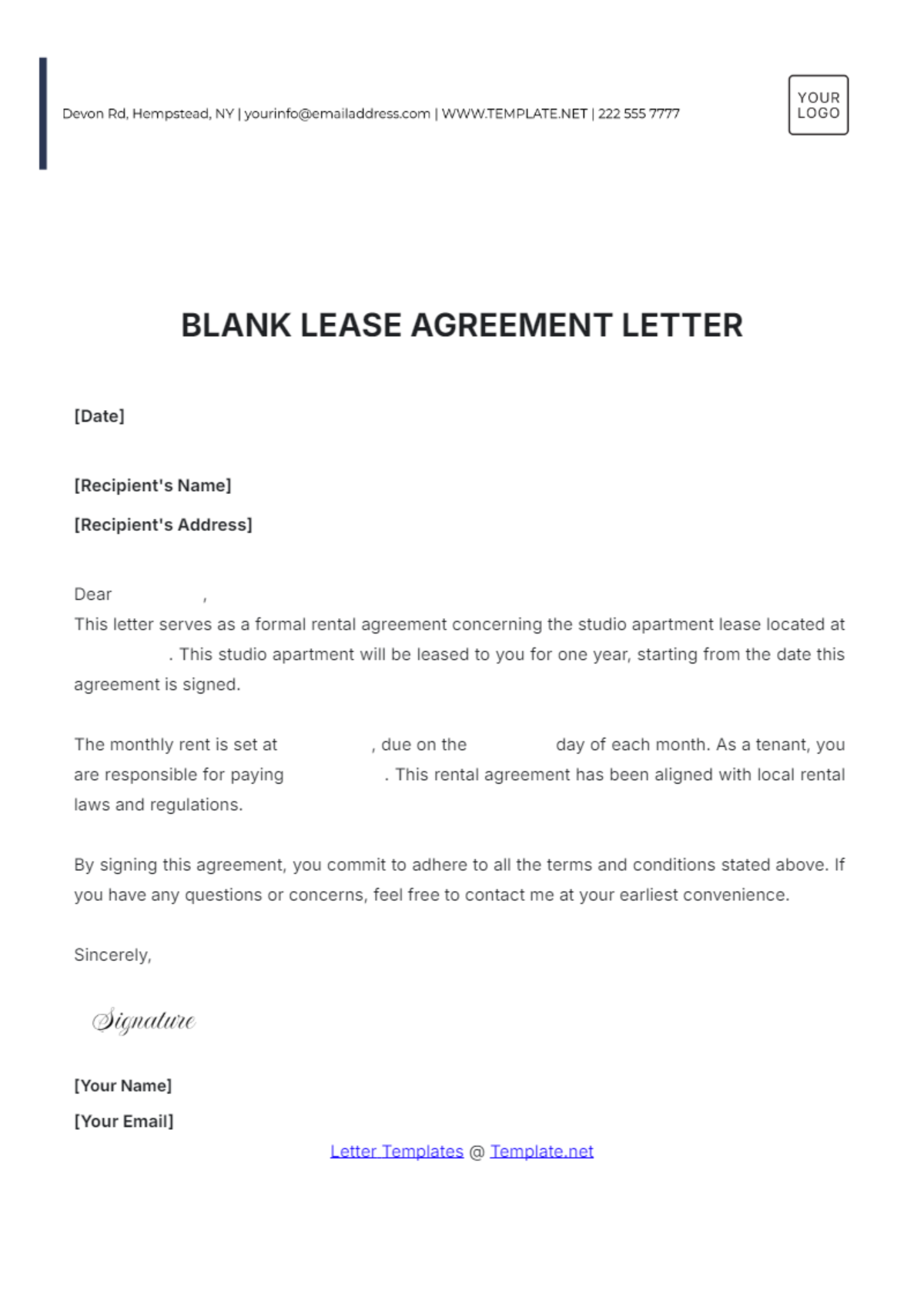 Blank Lease Agreement Letter Template - Edit Online & Download