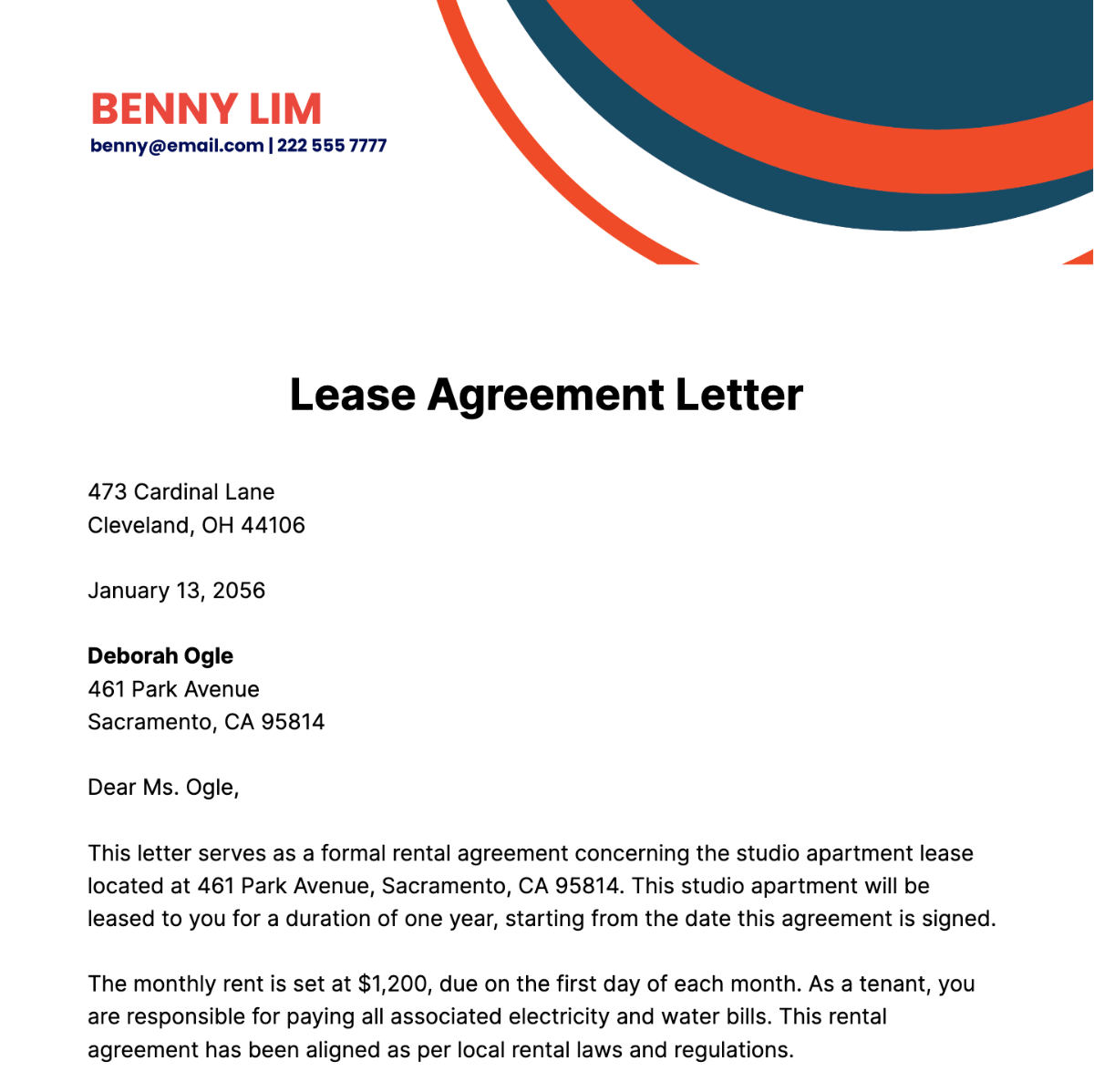 Free Lease Agreement Letter Template
