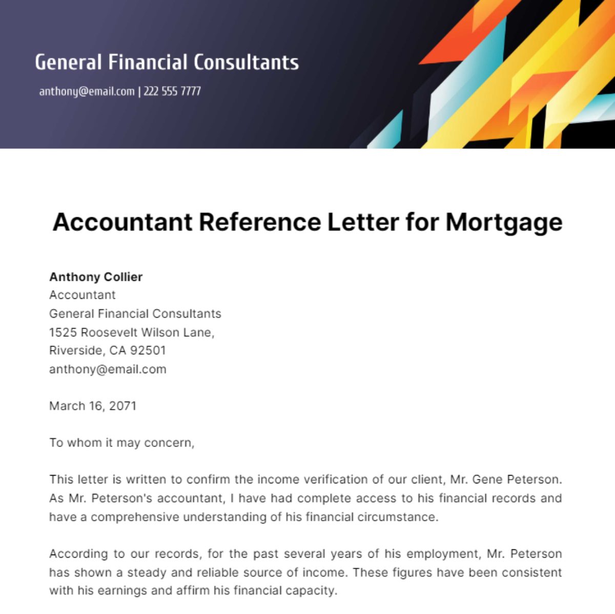 Accountant Reference Letter for Mortgage Template