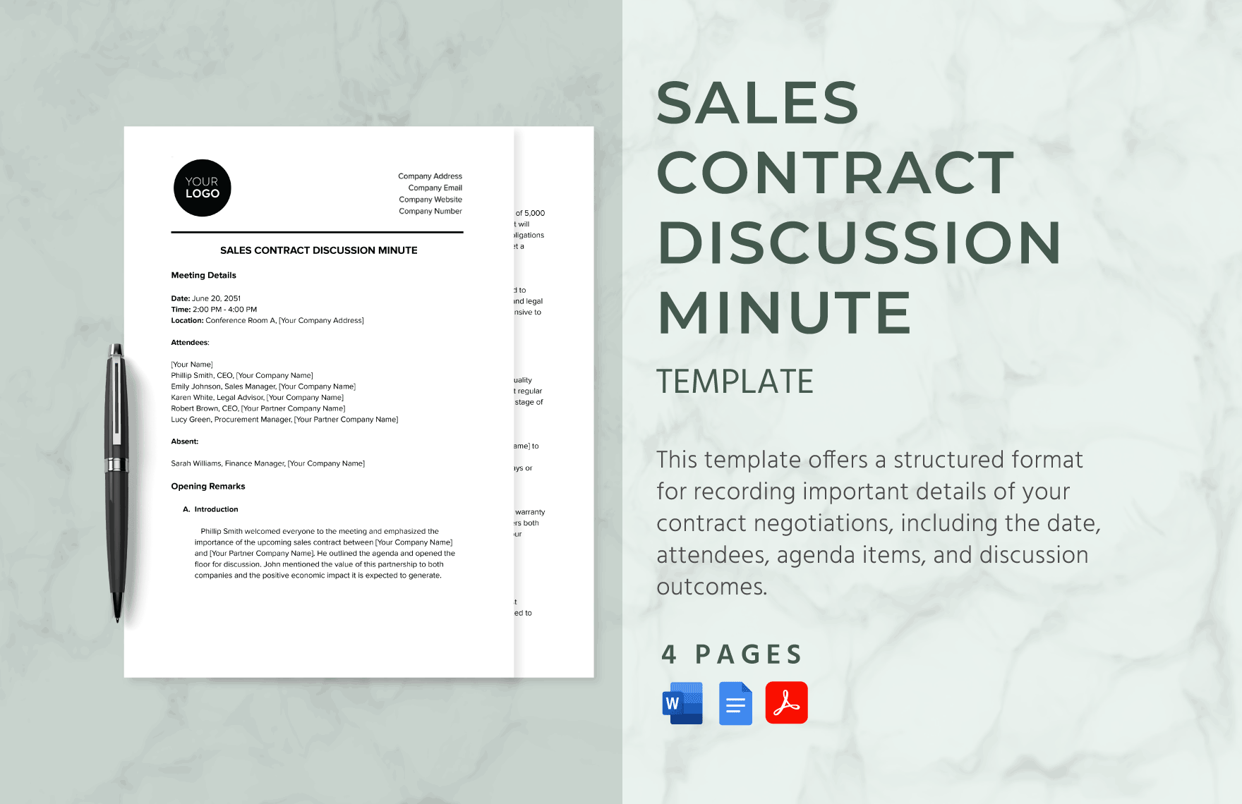 Sales Contract Discussion Minute Template in Word, Google Docs, PDF