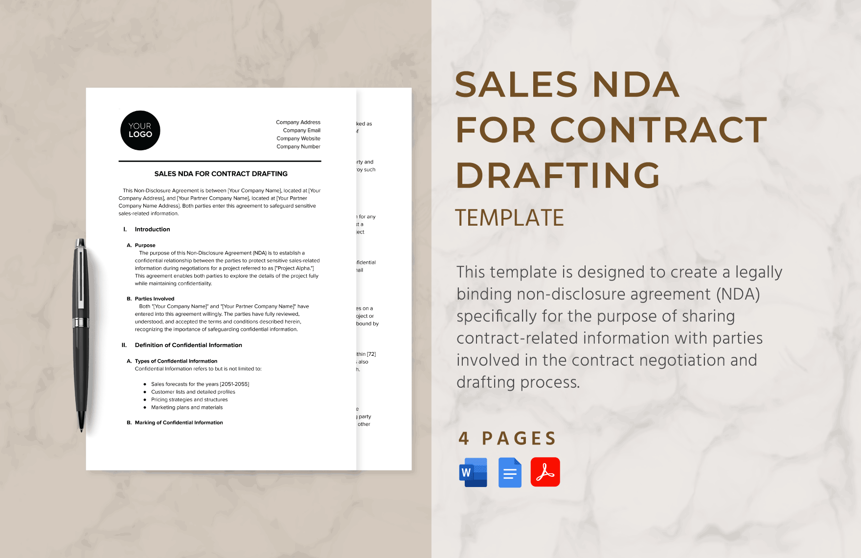 Sales NDA for Contract Drafting Template in Word, Google Docs, PDF