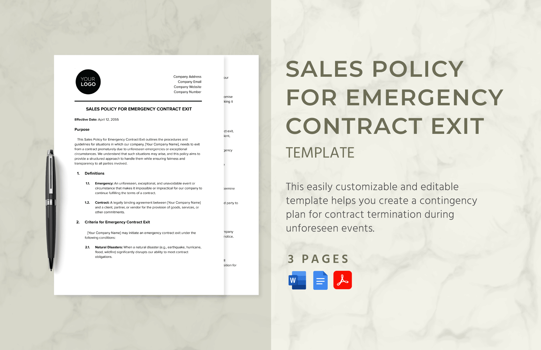 Sales Policy for Emergency Contract Exit Template in Word, Google Docs, PDF