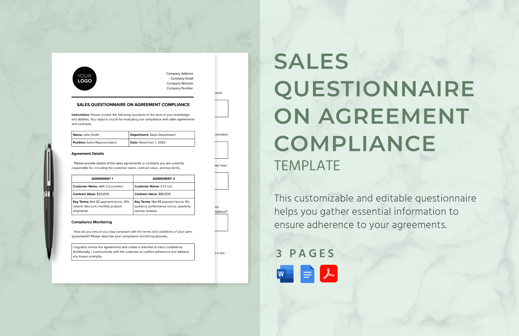Sales Questionnaire on Agreement Compliance Template in Word, Google Docs, PDF