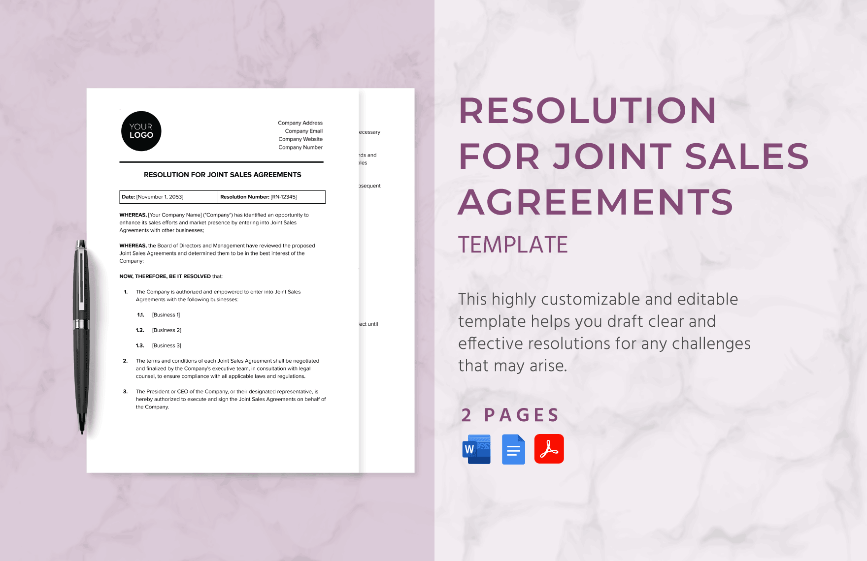 Resolution for Joint Sales Agreements Template in Word, Google Docs, PDF