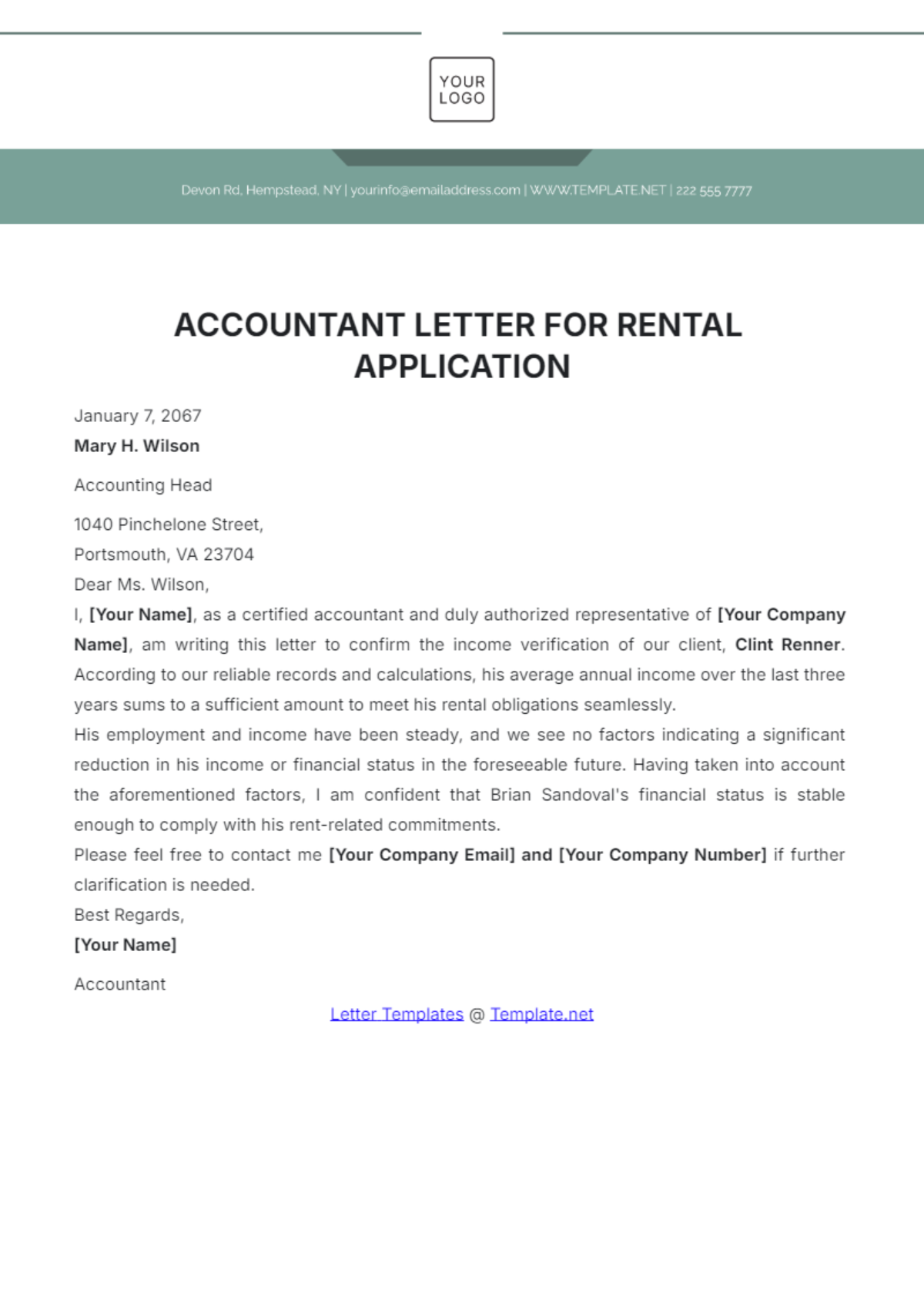 Accountant Letter for Rental Application Template - Edit Online & Download