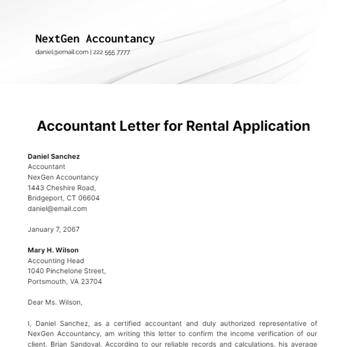 Accountant Letter for Rental Application Template