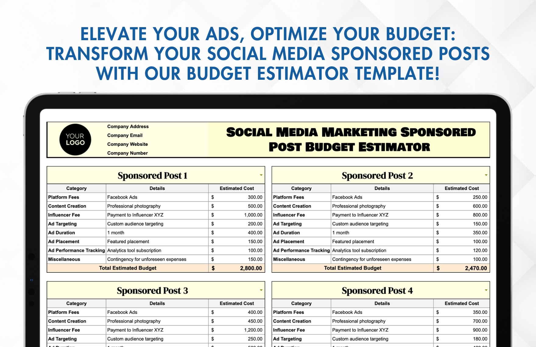 Social Media Marketing Sponsored Post Budget Estimator Template
