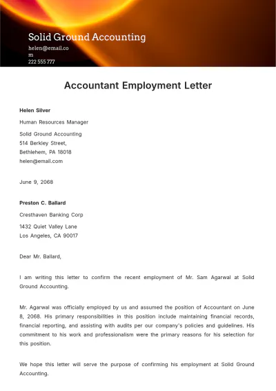 Free Accountant Employment Letter Template to Edit Online