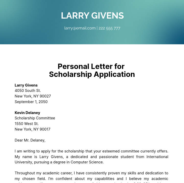 Personal Letter for Scholarship Application Template