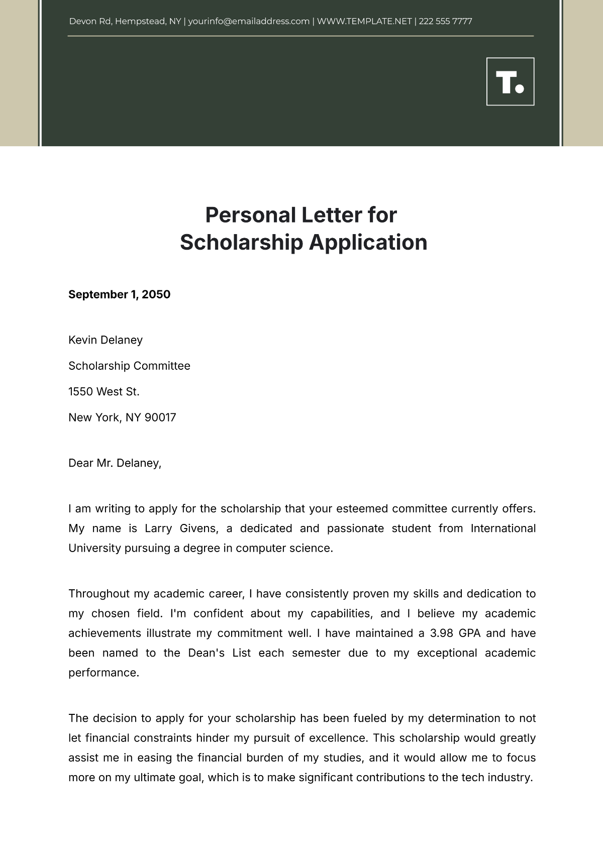 Personal Letter for Scholarship Application Template - Edit Online & Download