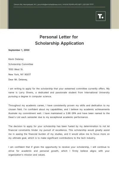 Free Personal Letter for Scholarship Application Template to Edit Online
