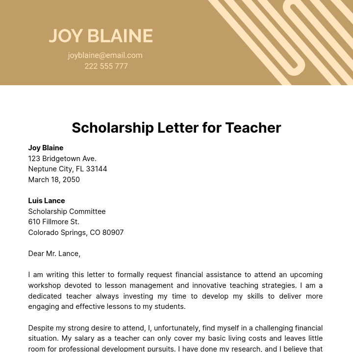 Free Scholarship Letter for Teacher Template