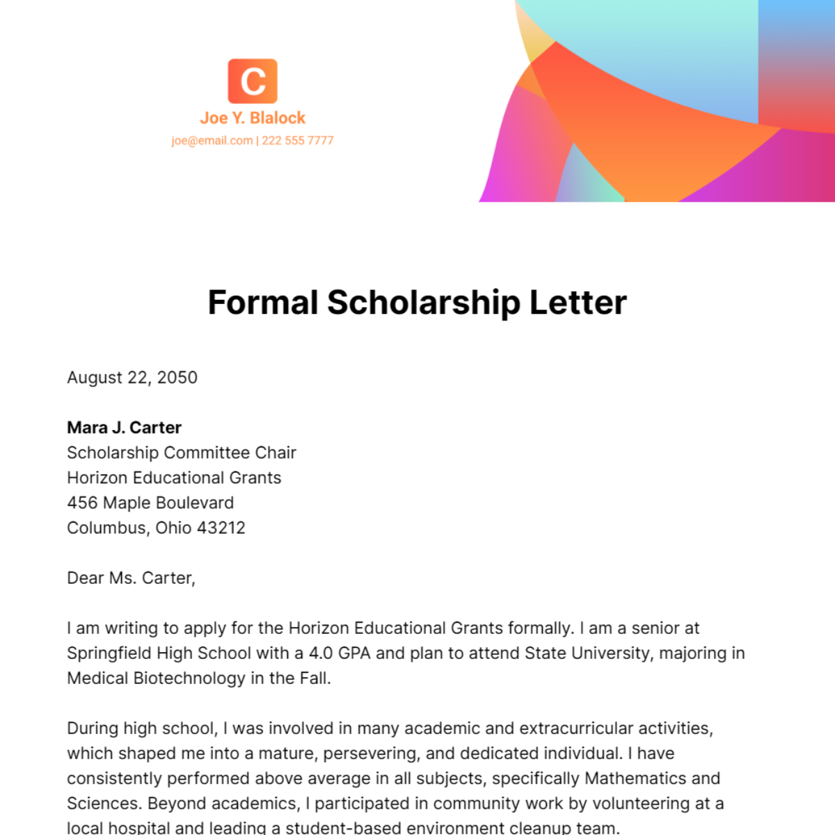 Formal Scholarship Letter Template