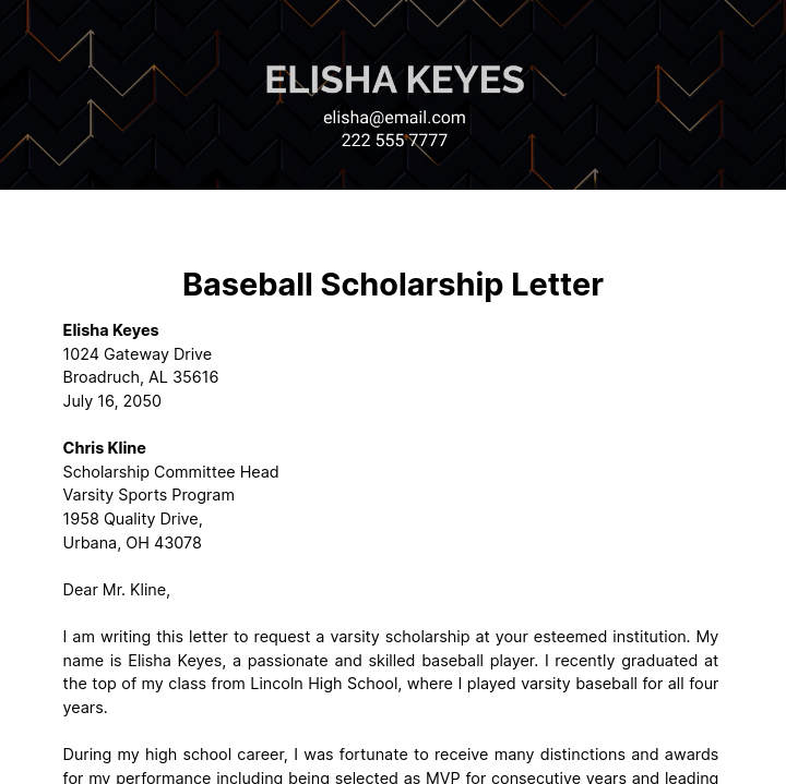Baseball Scholarship Letter Template