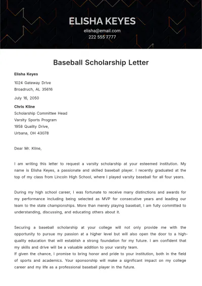 Free Baseball Scholarship Letter Template to Edit Online